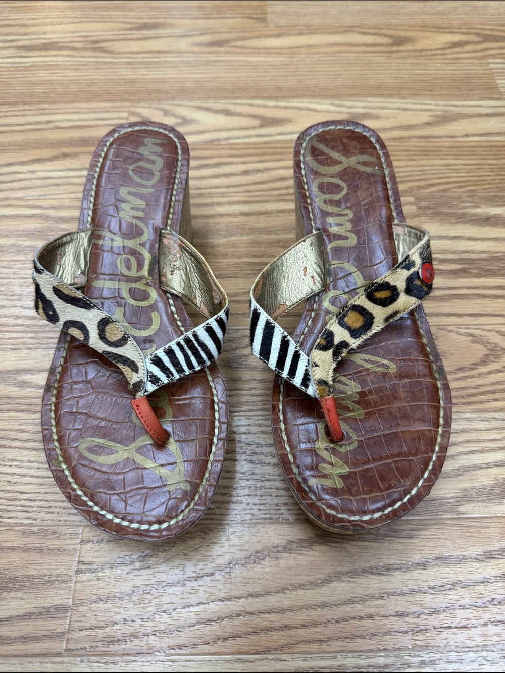Sam Edelman Brown Leather Thong Sandals with Leopard & Zebra Straps